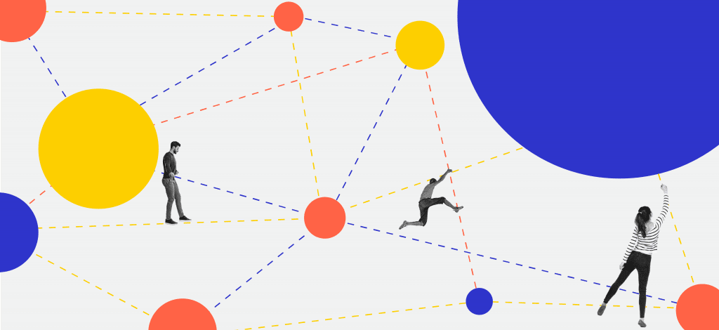 People interacting with illustrations of dashed lines and circles