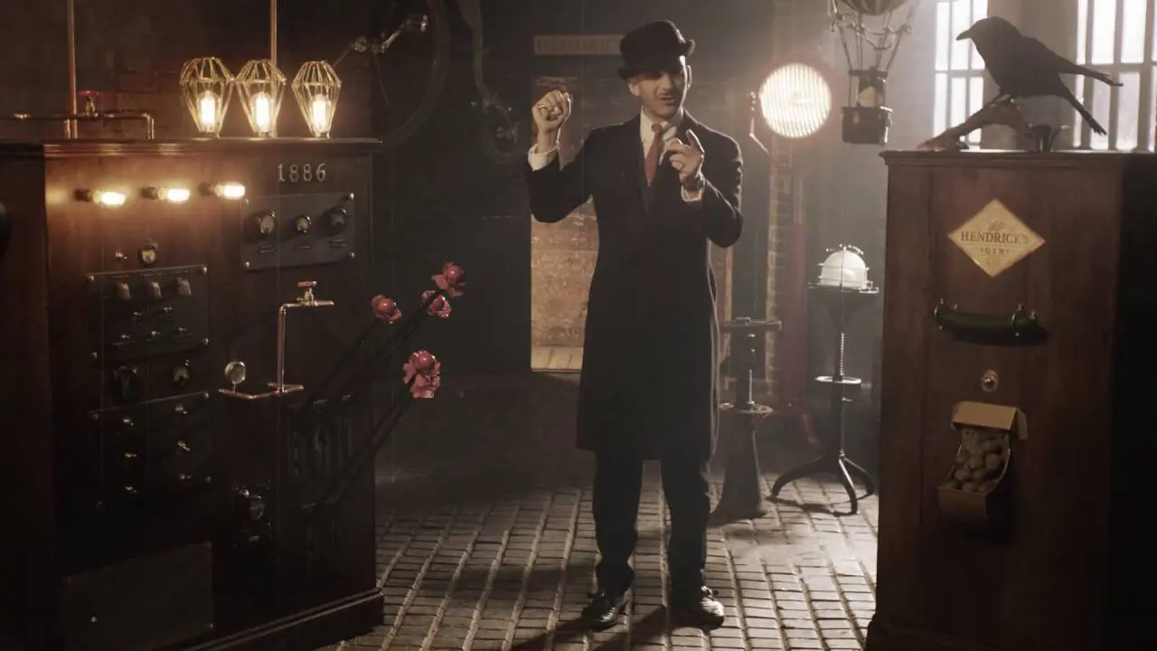 old timey man in bowler hat in hendrick's gin shop
