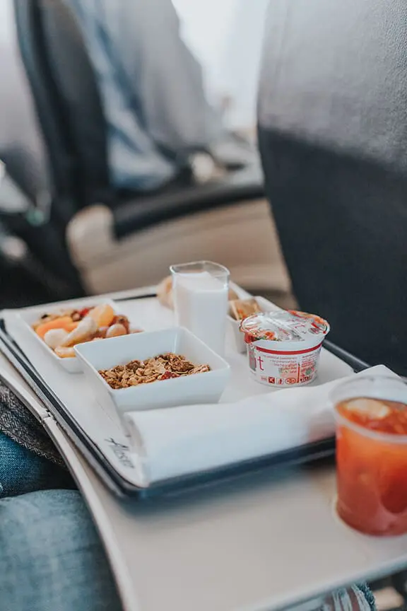 food on tray on an airplane
