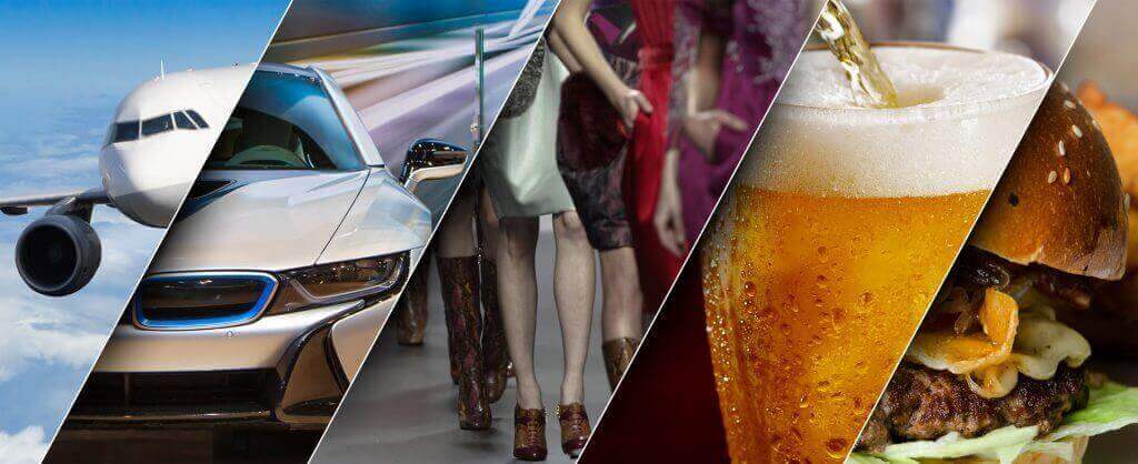 consumer brands collage with airplane, bmw, models, beer, cheeseburger