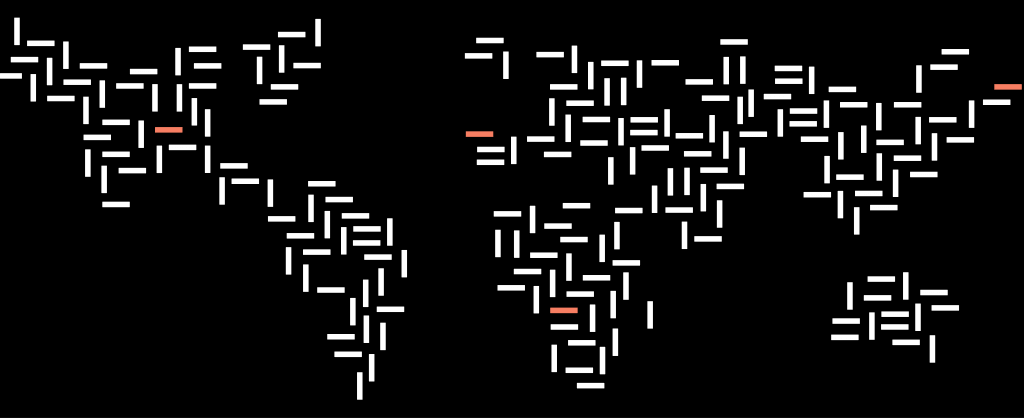 Dashes of white and orange imitating abstract world map on a black background