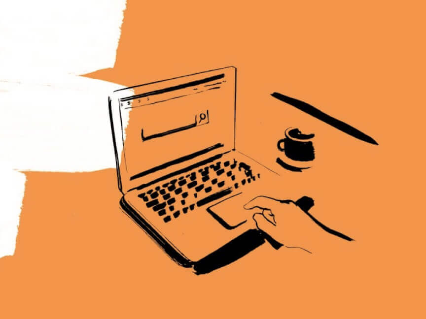 Illustration of a person is typing on a laptop computer next to a cup of coffee .