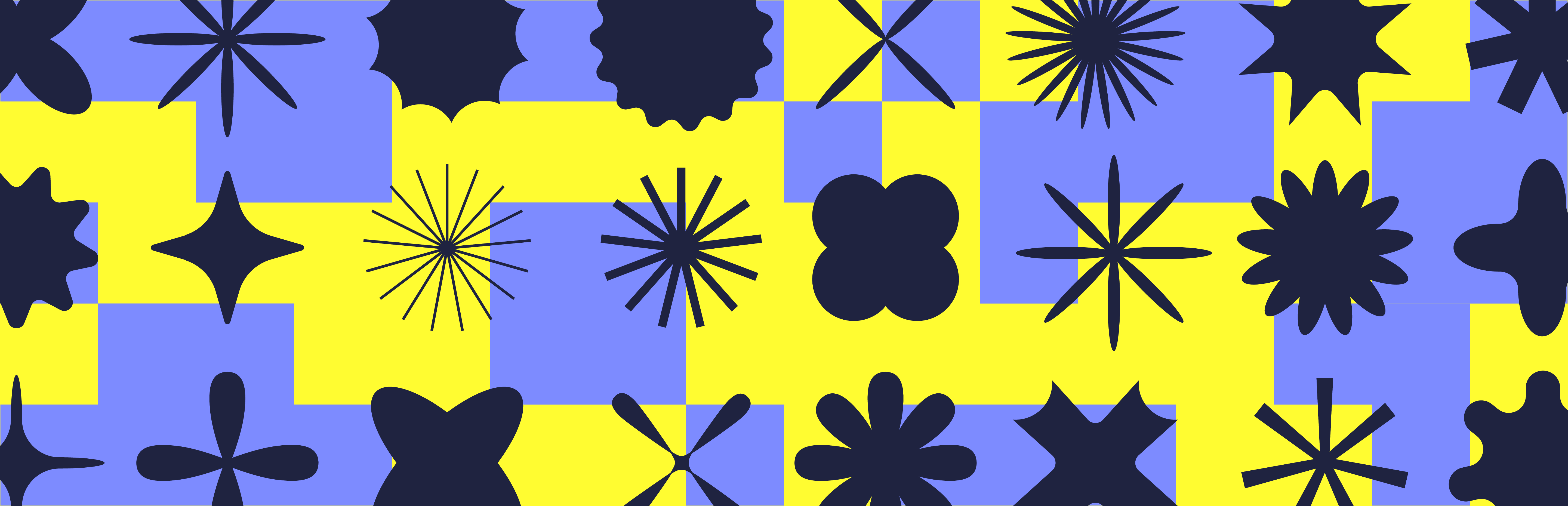 a blue and yellow checkered background with black shapes