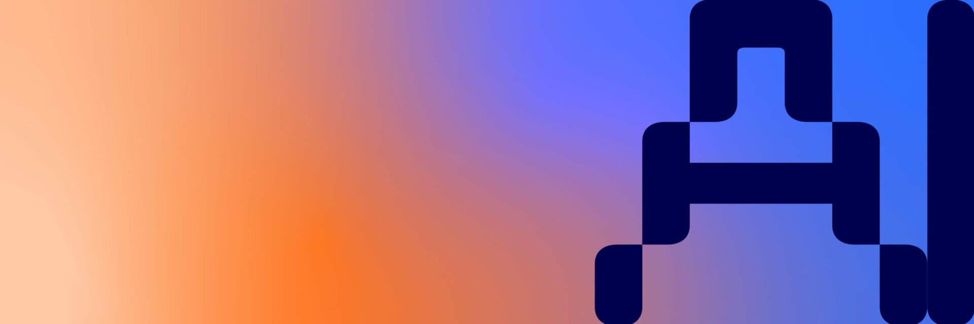 Blob figure against an orange, purple, and blue gradient background