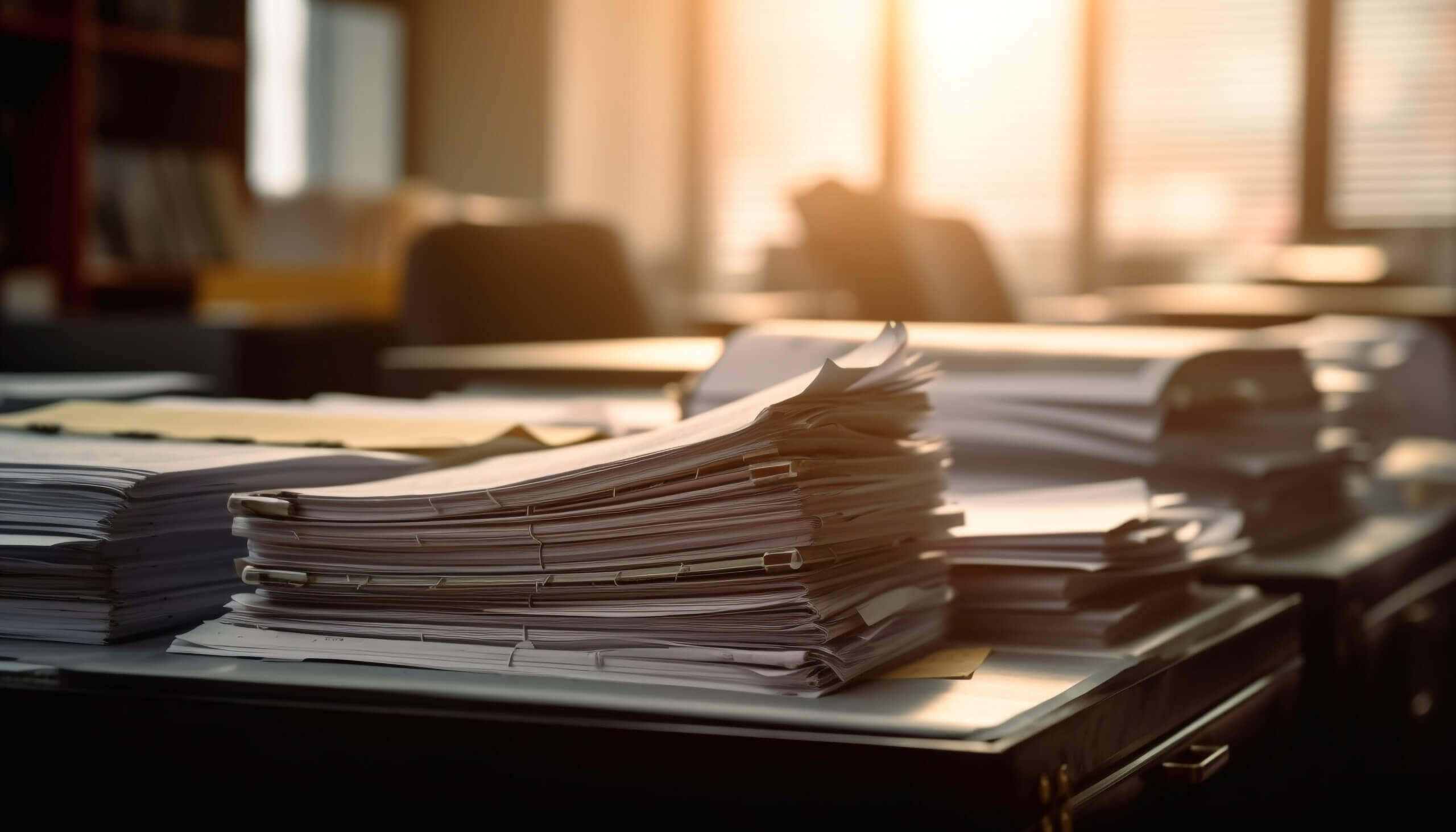 Pila de papeleo empresarial sobre un escritorio desordenado, generada por IA