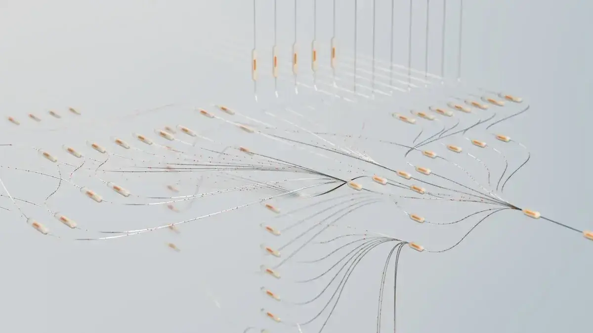 Abstract visualization of organizational change management showing interconnected networks and transformation pathways