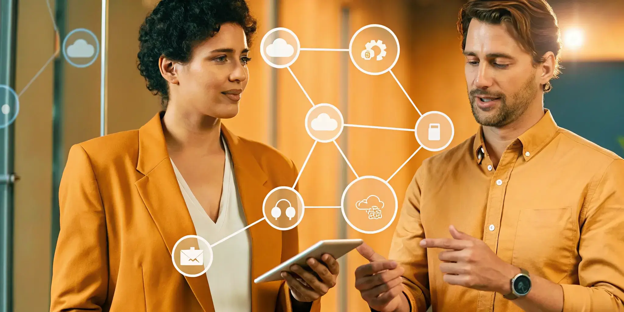 Profesionales que diseñan una estrategia de ecosistema digital en una tableta con diagramas de red.