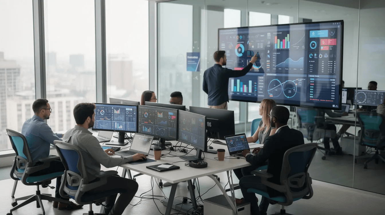 La imagen muestra un espacio de trabajo tecnológico moderno en el que varios profesionales se dedican a analizar visualizaciones de datos, lo que pone de manifiesto su colaboración en iniciativas de transformación digital. El entorno destaca el uso de tecnologías avanzadas y el análisis de datos para impulsar resultados empresariales satisfactorios y mejorar la eficiencia operativa.