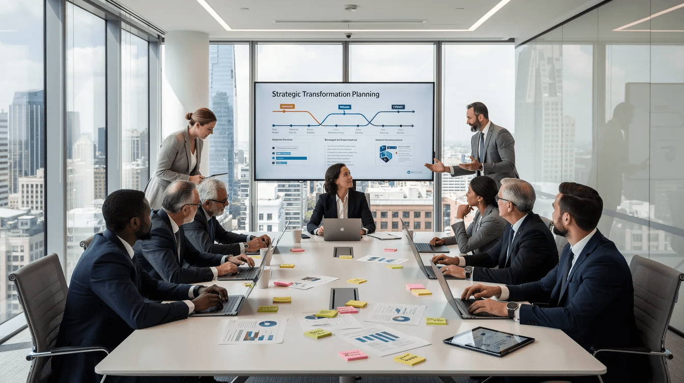An executive leadership team is engaged in a collaborative meeting focused on strategic transformation planning, emphasizing change management and organizational effectiveness. The atmosphere reflects a commitment to developing tailored solutions for business strategy and fostering a culture of sustainable change within the organization.