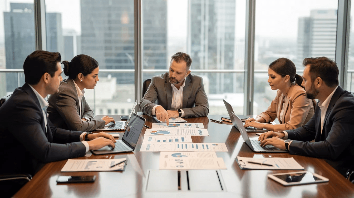 In a modern boardroom, a group of business executives engages in a discussion about organizational strategy, surrounded by documents and laptops. Their conversation likely involves topics such as change management, leadership development, and the role of top change management consulting firms in driving business transformation.