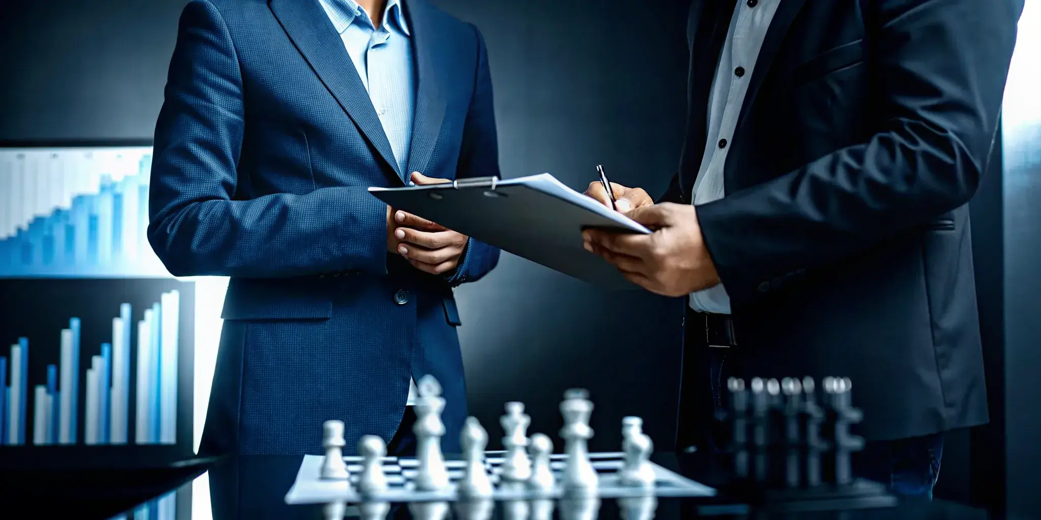 Business team using a chessboard to plan a competitive strategy framework and visualize market moves.