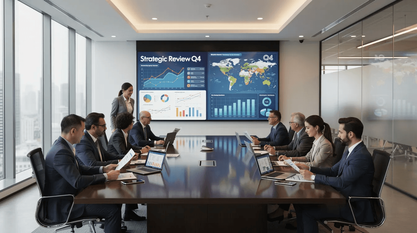 La imagen muestra una moderna sala de juntas en la que los líderes empresariales y los ejecutivos se dedican a revisar documentos estratégicos y a analizar pantallas digitales. Este escenario pone de relieve la importancia de las iniciativas de transformación digital y los servicios de consultoría, mientras debaten estrategias empresariales y la integración de tecnologías emergentes para mejorar la eficiencia operativa y la experiencia del cliente.