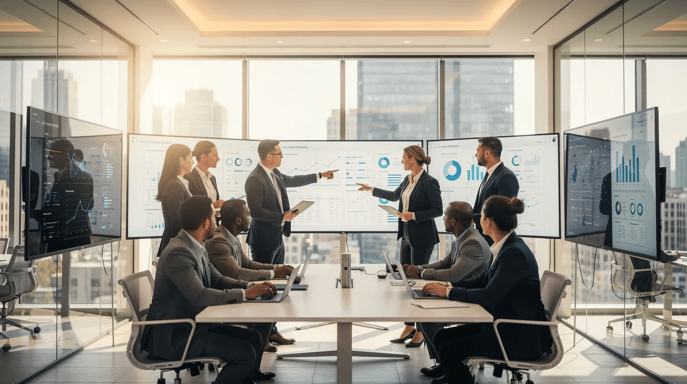 Un grupo de profesionales del mundo empresarial colabora frente a pantallas digitales en un moderno espacio de trabajo, debatiendo estrategias para llevar a cabo con éxito iniciativas de transformación digital. La escena pone de relieve el uso de las tecnologías digitales para optimizar los procesos empresariales y mejorar la experiencia del cliente, lo que destaca la importancia de los servicios de consultoría en transformación digital en los mercados competitivos actuales.