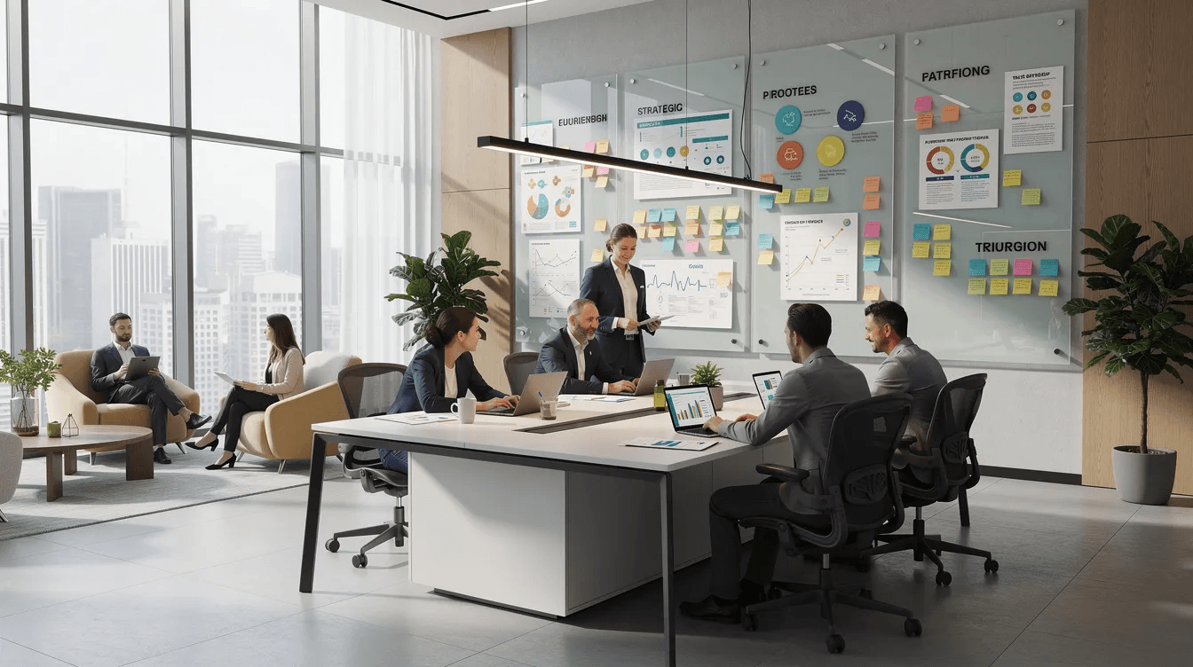 The image depicts a modern consulting office featuring a collaborative workspace with strategic planning boards prominently displayed. This environment is designed to facilitate teamwork and effective change management, reflecting the practices of top change management consulting firms.