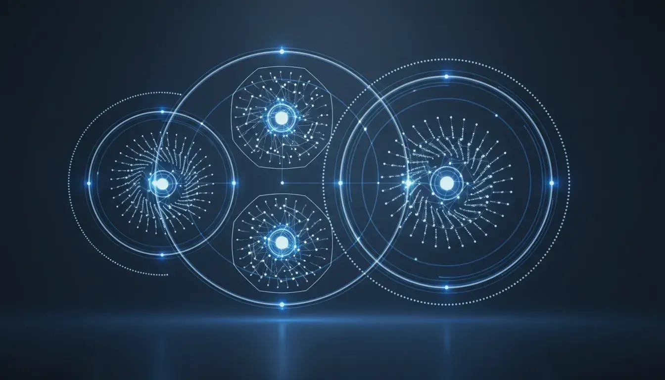 Visualización abstracta en forma de red que representa el ecosistema de una marca con nodos interconectados y flujos de valor